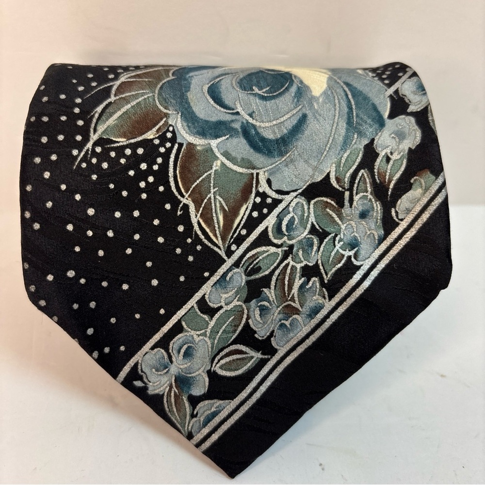 Chez Roffé 100% Silk Tie Black Floral Rose Polka Dot Necktie Wedding USA 60x4